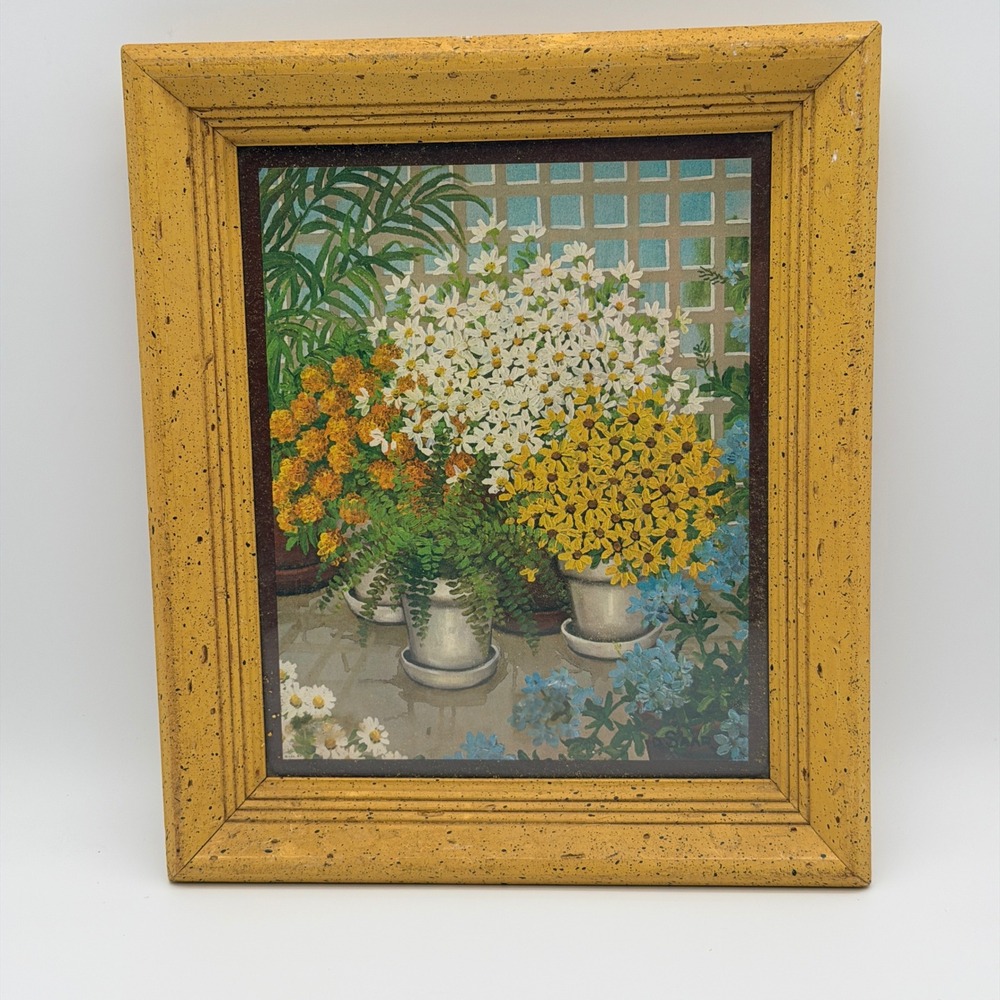 Vintage O. Sarr Floral Still Life Textured Print Yellow Wood Frame 12.5x10.5